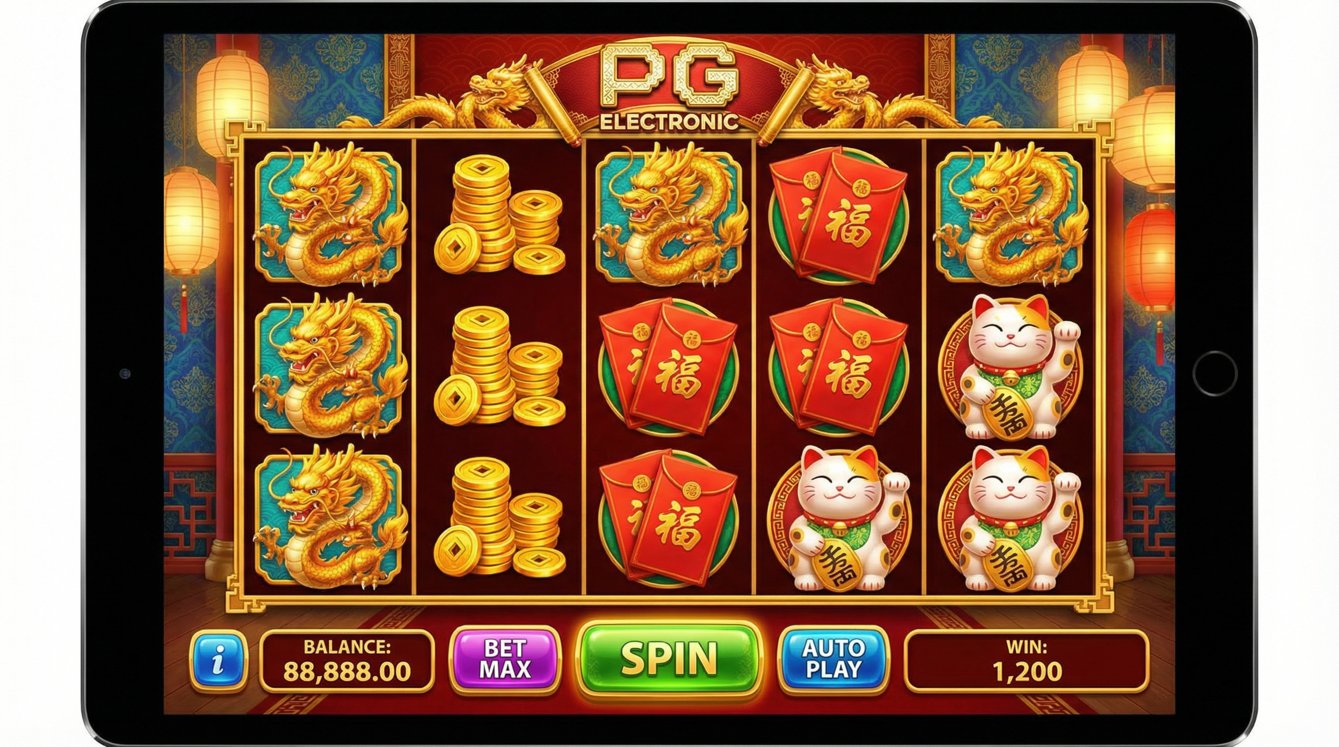 PG电子老虎机游戏界面展示金龙招财猫红包元素